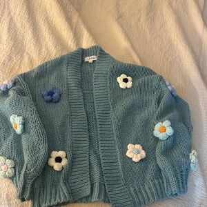 Duchamp Blue Cardigan with Floral Embellishments